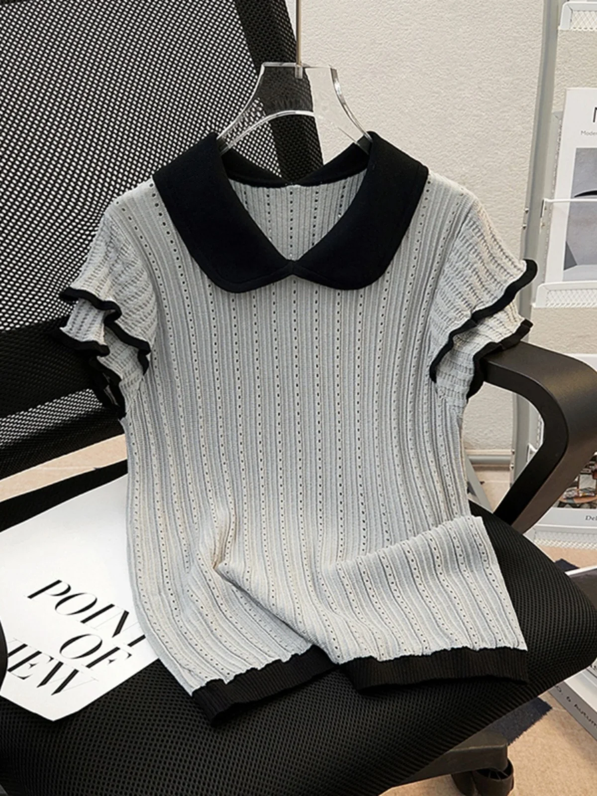 Large Size Women's T-irt Ice Silk ort Sve Knitted Hollow out Color Blo Doll Collar Faionable Summer Top