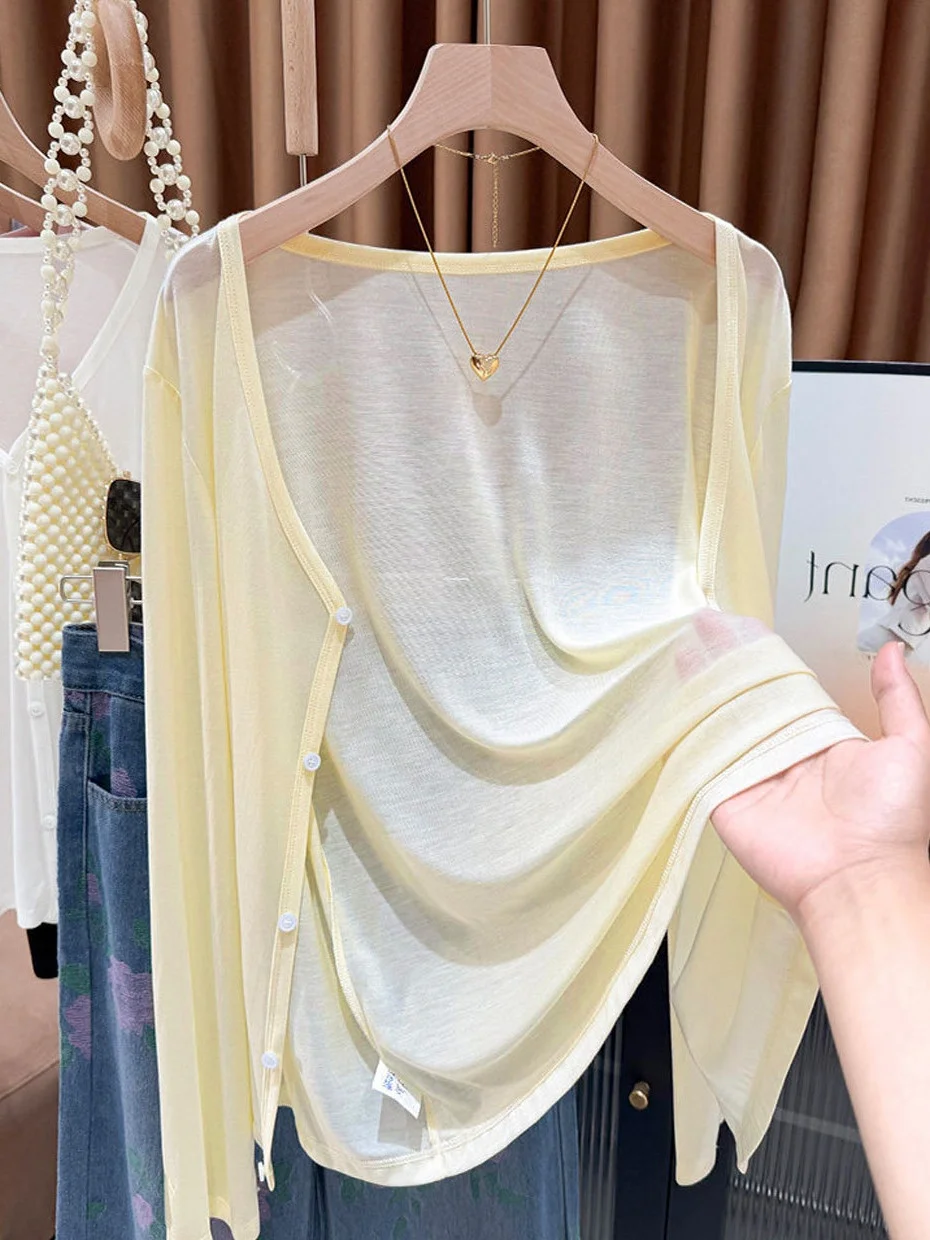 

Yellow Dopaamine Lyocell Knitted Sun Protection Cardigan Women Summer Jazz Dance Outer Shawl Thin Beautiful Cover up