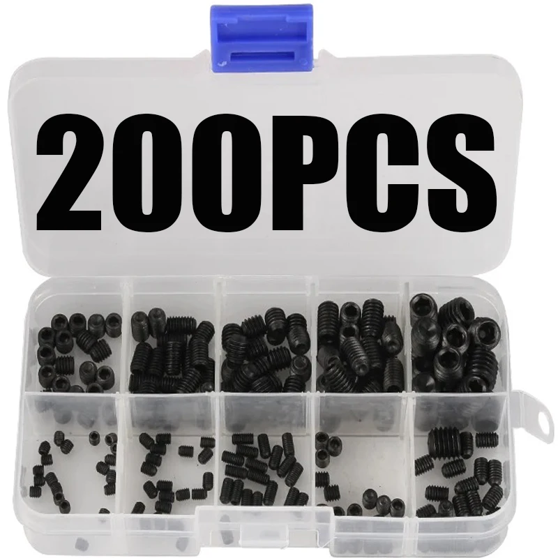 

200pcs M3 M4 M5 M6 M8 304 Carbon Steel Grub Screws Flat Point Hex Socket Screw Assortment Kit For Hardware Repair Tools