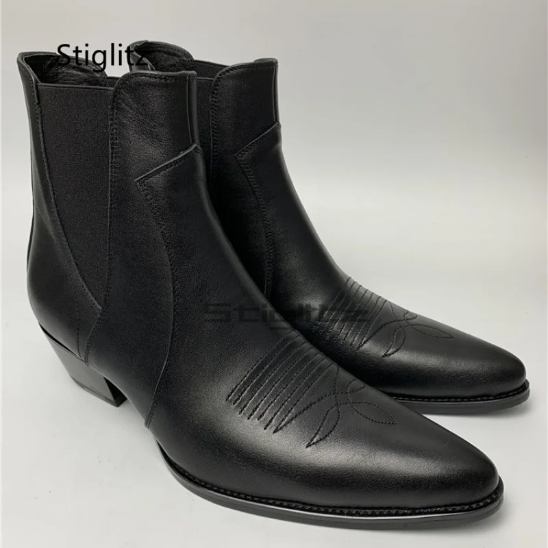 

Genuine Leather Embroidery Men's Boots Pointy Elastic Band Western Chelsea Boots Chunky Heeled Party Business Male Shoes