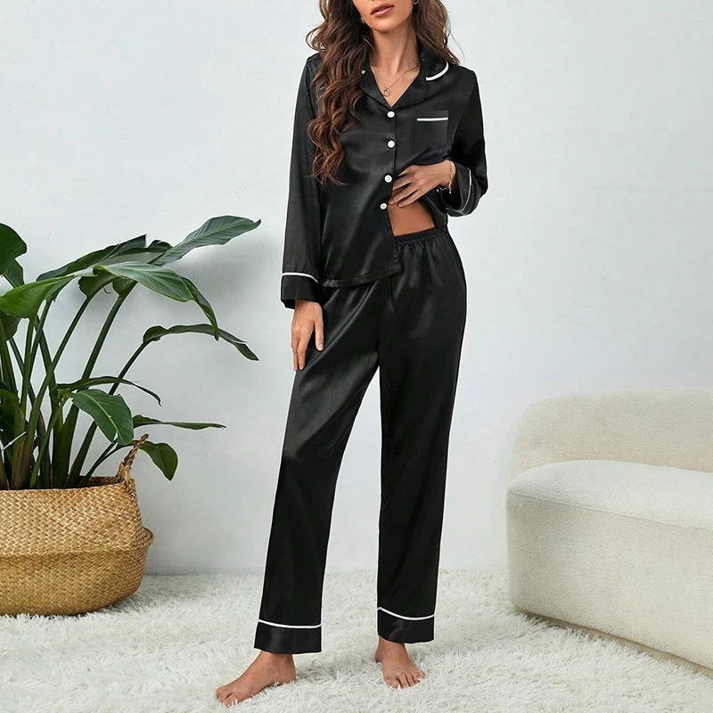 Women\'s Satin Silk Pajamas Set Pajama Pants Sleepwear 2 Pieces Spring Long Sleeve Tops With Trousers Homewear Loungewear Pyjama