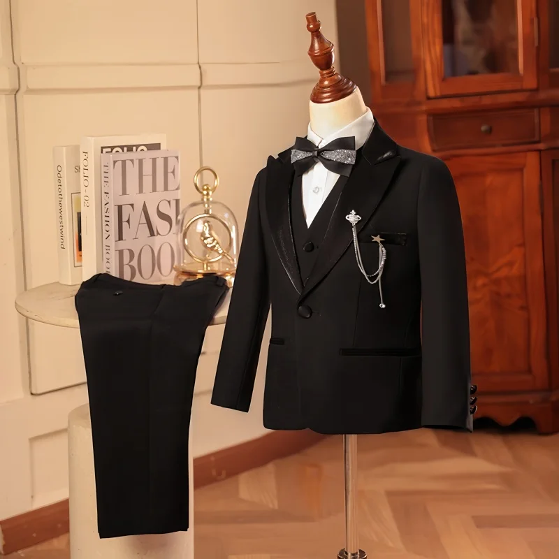 طقم بدلة للأطفال مكون من 3 قطع سترة + سترة + بنطلون لحفلات الزفاف فستان فتاة الزهور لحفلات أعياد الميلاد ملابس رسمية سوداء هدية سهرة #2