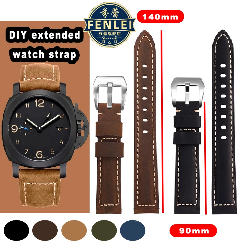 DIY XL extended lenght 135mm 140+90mm leather Watch strap For Panerai DIESEL Watchband 22mm 24mm Crazy Horse Cowhide Baracelet