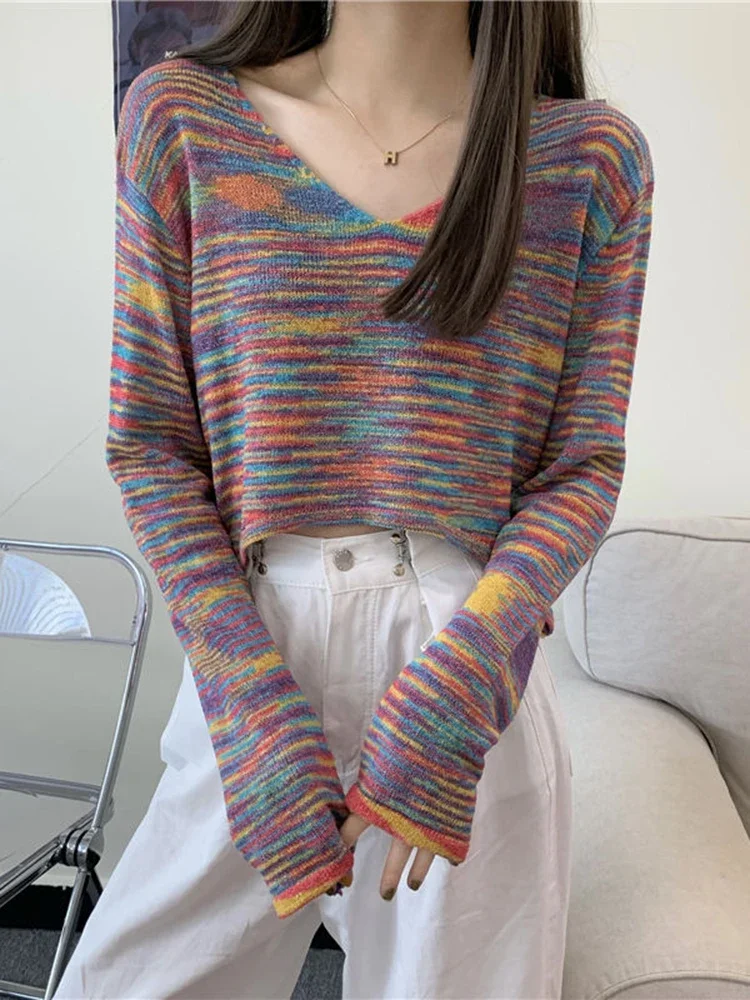 Rainbow Fashion Knitted Sweater Women Sexy Cropped Loose Pullovers Korean Chic Streetwear Long Sleeve Autumn Female Jumpers