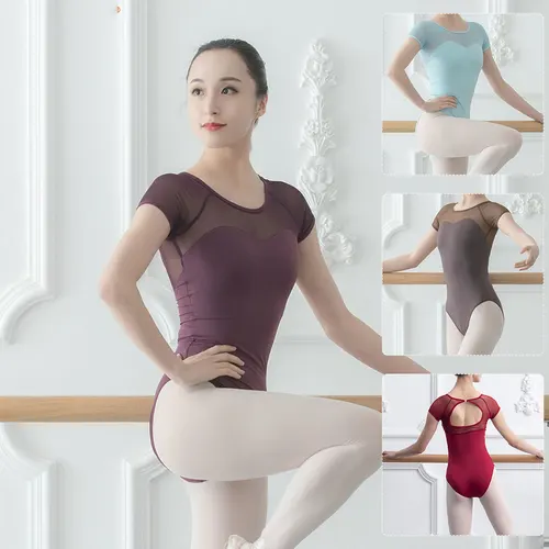 Imagen 1 del producto Leotardos de baile de Ballet, traje de entrenamiento de malla, Body de manga corta con Espalda descubierta, mono de gimnasia para adultos