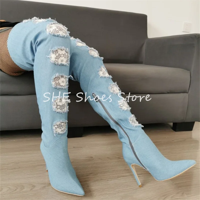 

Fashion Lace Splicing Denim Women Long Boots Pointed Toe Stiletto Hight Heel Over-The-Knee Strecth Boots Ladies Side Zip Boots