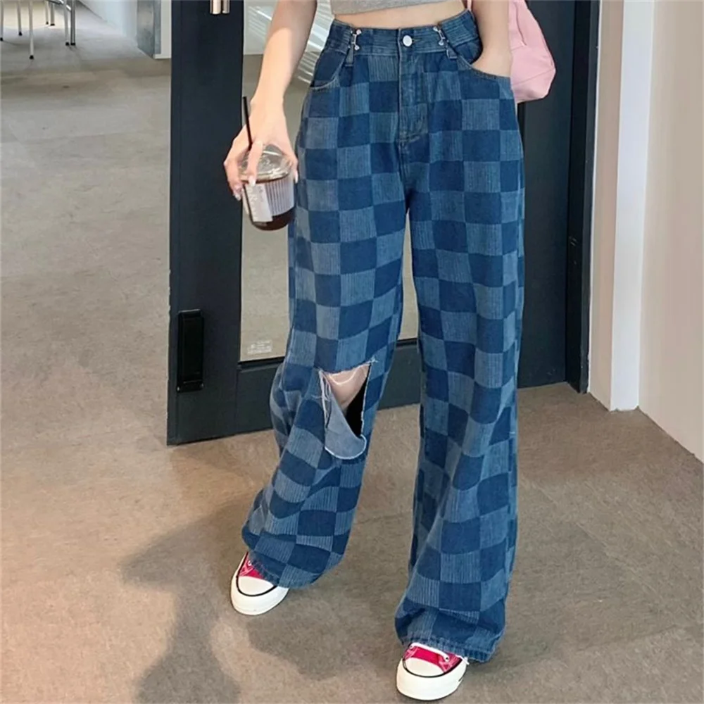 PLAMTEE Hole Women Jeans Chessboard Plaid Loose Wide Leg 2023 High Waist Summer Office Lady Vintage Casual All Match Denim Pants