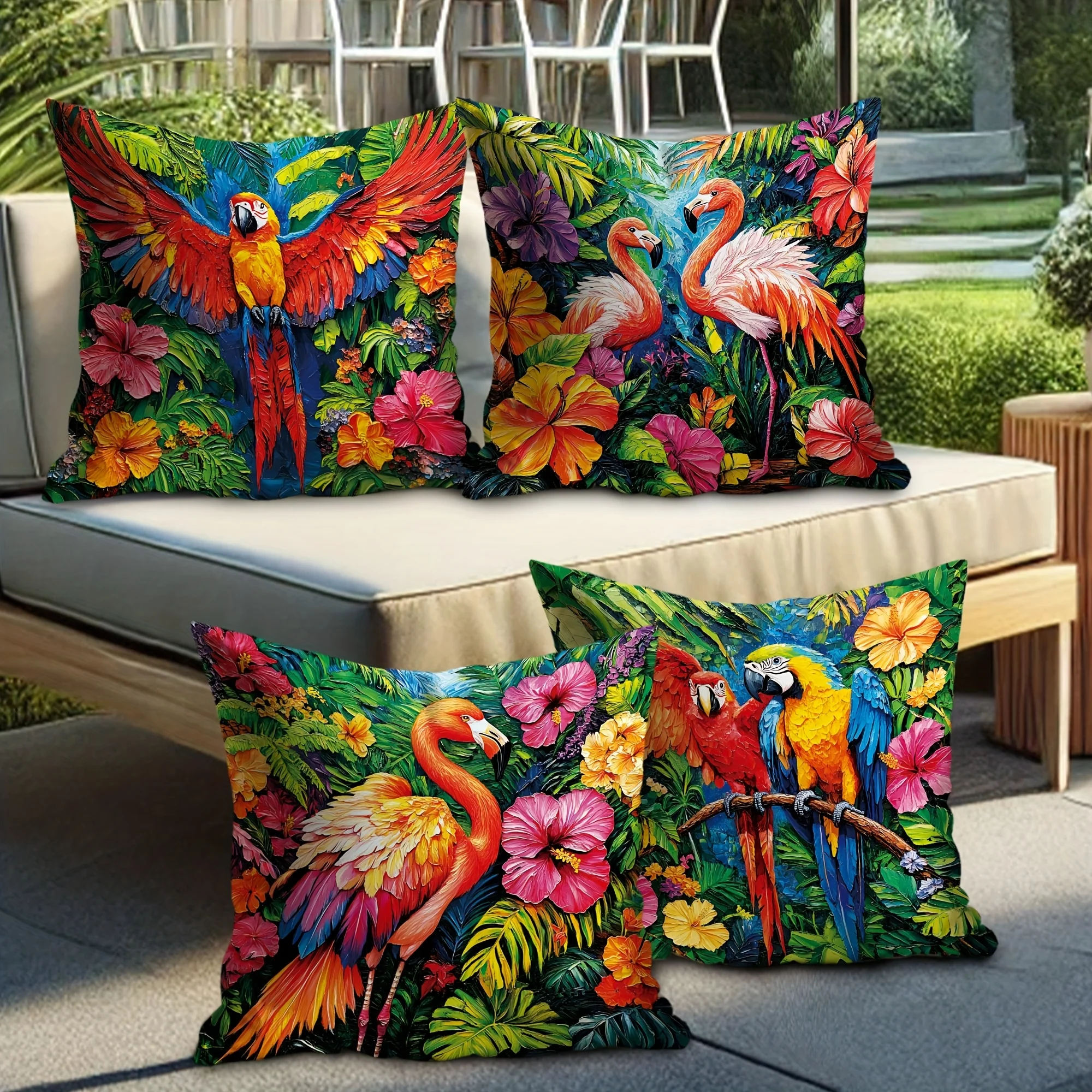 Juego de 4 fundas para cojines decorativos de exterior con estampado de doble cara, arte, pintura al óleo, plantas tropicales