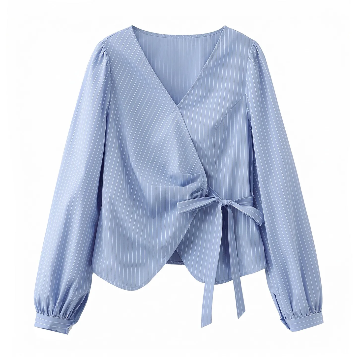 

Women's Blouse V Neck Striped Pleated Women's Blouses Tie Front Wrap Asymmetrical Hem Button Up Shirt Light Blue Puffed Long
