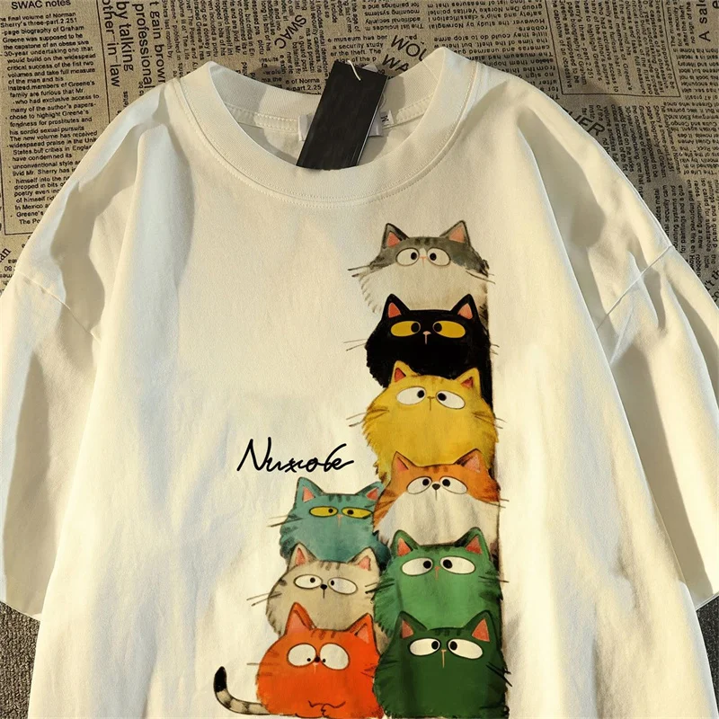 أنيمي Harajuku تزهر القط طباعة القطن النساء تي شيرت الصيف المعتاد قصيرة الأكمام Y2k لينة عادية النساء الرجال قمم تي شيرت المحملة #1