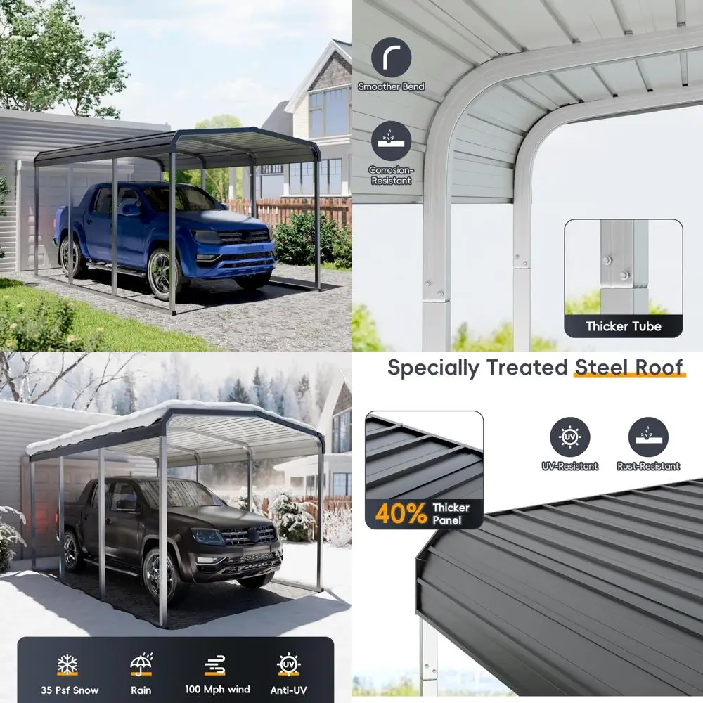 

Sturdy Metal Carport with Galvanized Roof and Outdoor Canopy Kit, Multi-Purpose Enhanced Base