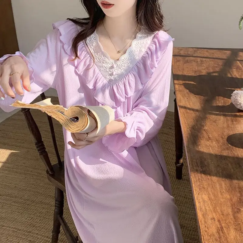 Pajama Women's Spring and Autumn Long Sleeved Sleepwear Cotton Wrinkled Fabric Sleepshirts Lace Nightgown Retro Sweet Homewear