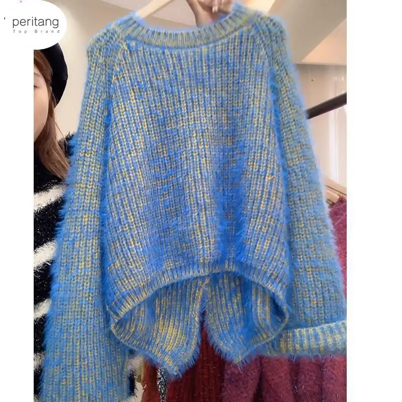 

Mohair Sweater Women Solid Blue O-neck Pullover 2024 New Kpop Jumper Knitted Top Harajuku Split Loose Chic Sweaters