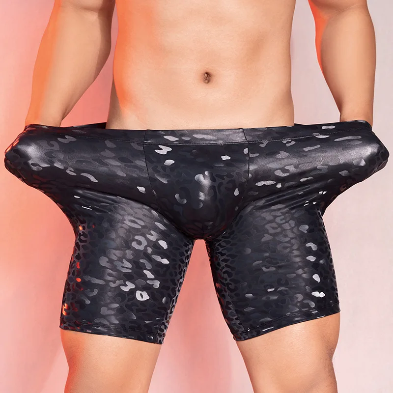 Sexy Pu Shorts Broek Met Luipaardprint Mannen Kleding Panty Mannenkleding U Uitstulpzak Broek Korte Broek Gym Boxer Man Shapewear Lift Butt