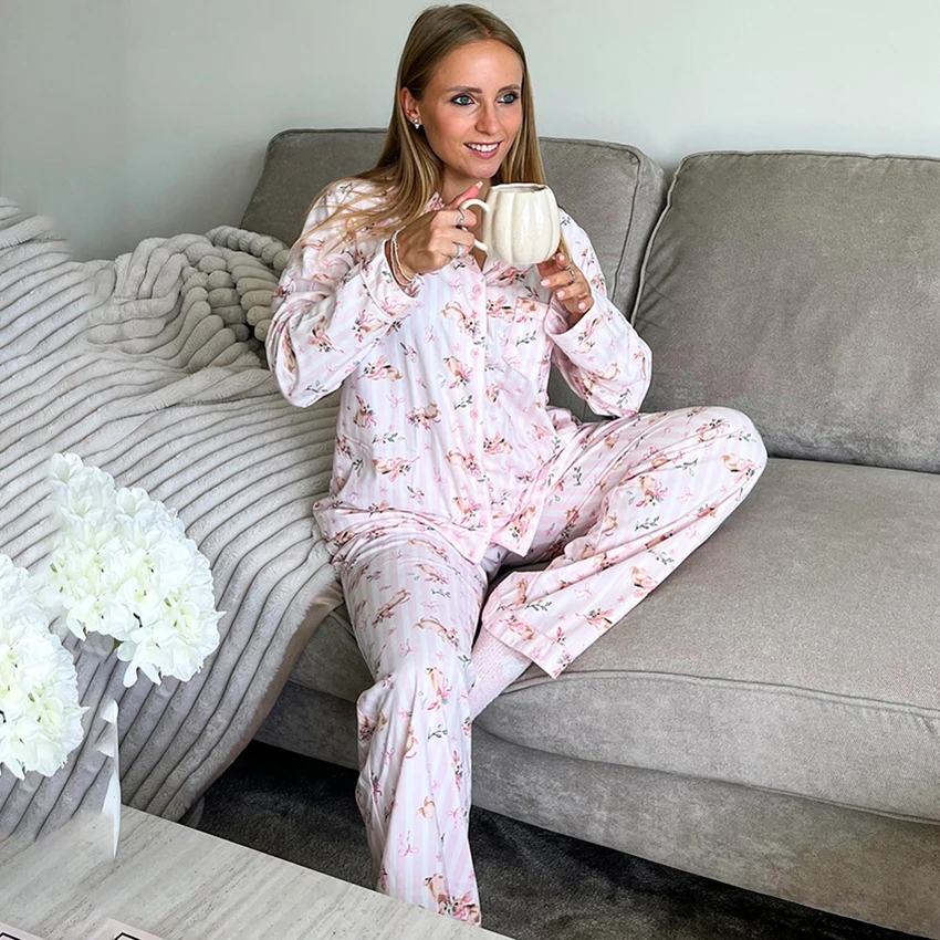 

HiLoc домашний костюм с длинными брюками и принтом кролика, пижама, осень 2024, рубашки для сна с длинными рукавами и свободными брюками, повседневная одежда из 2 предметов