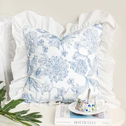 Pleated White Lace Cotton Blue Embroidered Pillow Cover Living Room Sofa Head Waterproof and Oil Proof 45*45cm Waist Pillowcase