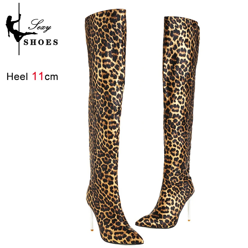 Women\'s Boots Pointed Toe Plush Lining Autumn Winter Over-the-Knee Long Boots Sexy Size Zip Leopard Print Party Stripper Shoes