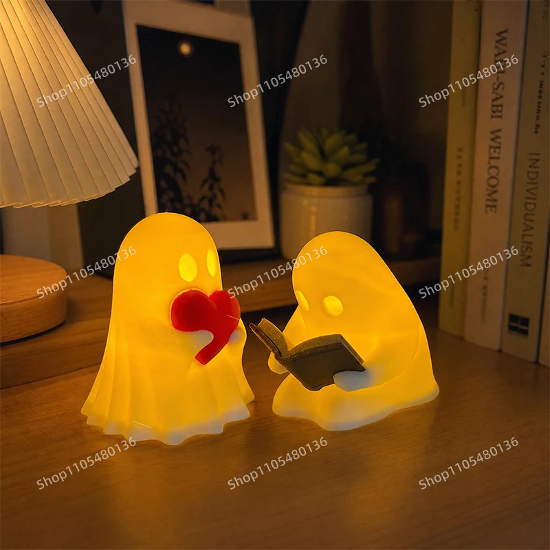 3D Printed Cute Ghost Reader Ghost With Heart Figurine Statue Home Desktop Ornament Halloween Decor Gift