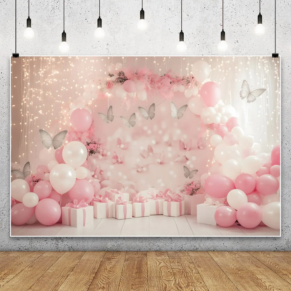 ลูกโป่งสีชมพูสีฟ้าฉากหลังวันเกิด1st เด็กทารกของขวัญรูปผีเสื้อพื้นหลังภาพเหมือนสำหรับถ่ายภาพในสตูดิโอถ่ายภาพ