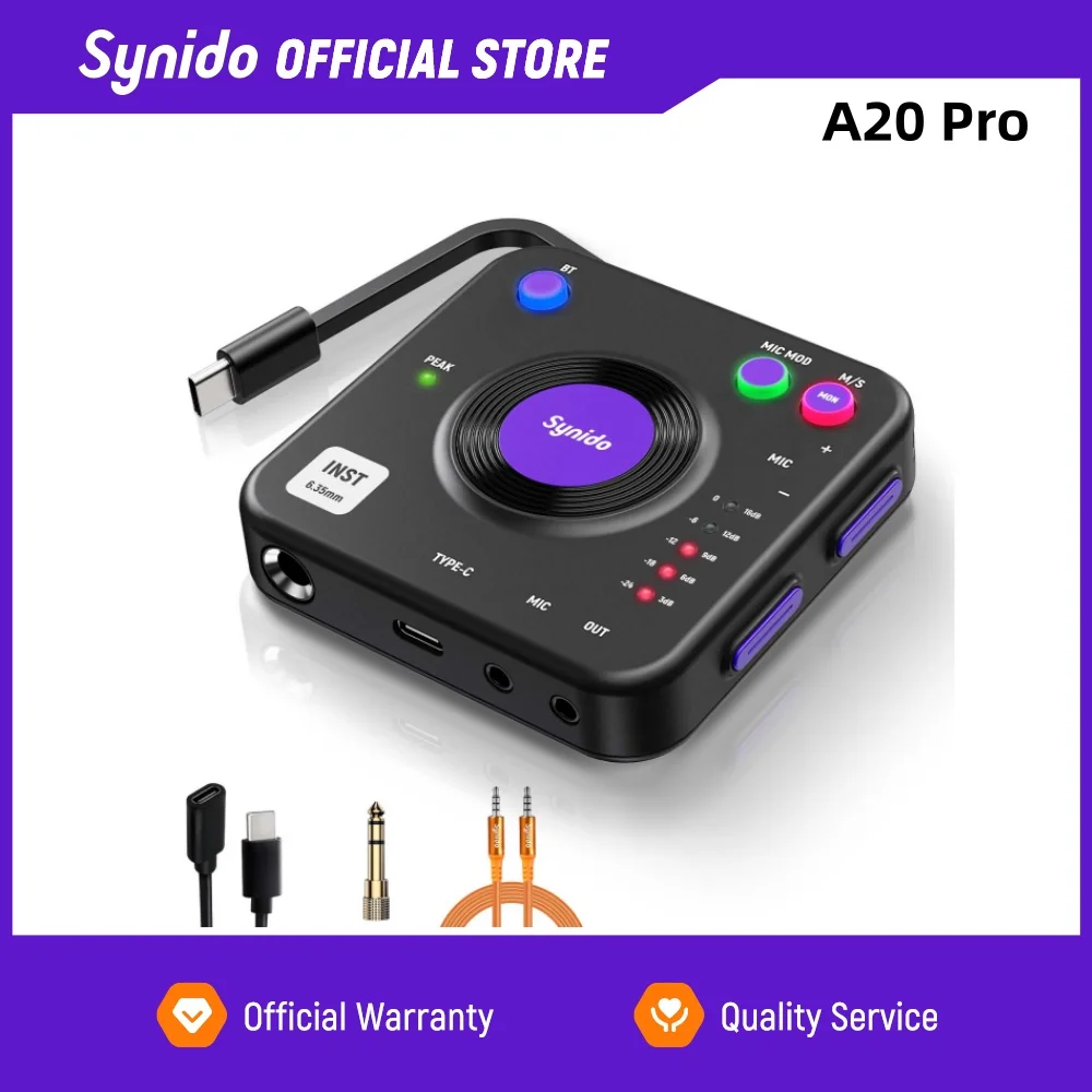 Synido Live Dock A20 Pro Portable USB-C Audio Interface for Guitar & DJ Recording | 24bit/96kHz, 100dB SNR, Real-time LED Signal