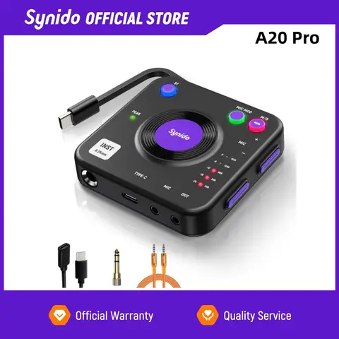 Synido Live Dock A20 Pro Portable USB-C Audio Interface for Guitar & DJ Recording | 24bit/96kHz, 100dB SNR, Real-time LED Signal
