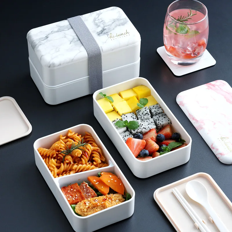 

Japanese Double-Layer Lunch Box Marble Pattern Bento Microwave Lunchbox for Student Office Worker Rectangular Food Container