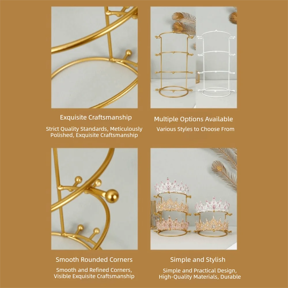 Gold White Crown Display Stand Metal 2/3/4-Tier Tiara Support Stand Round Tiara Anti-Slip Ball Design Headband Display Stand