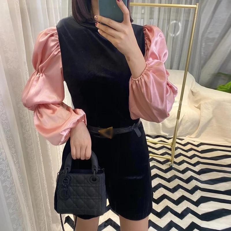 

Faionable Velvet Jumpsuit with Bubble Sves by SiLai High Waist ort Pants Straight Cut Commute Sle High Quali Fabric