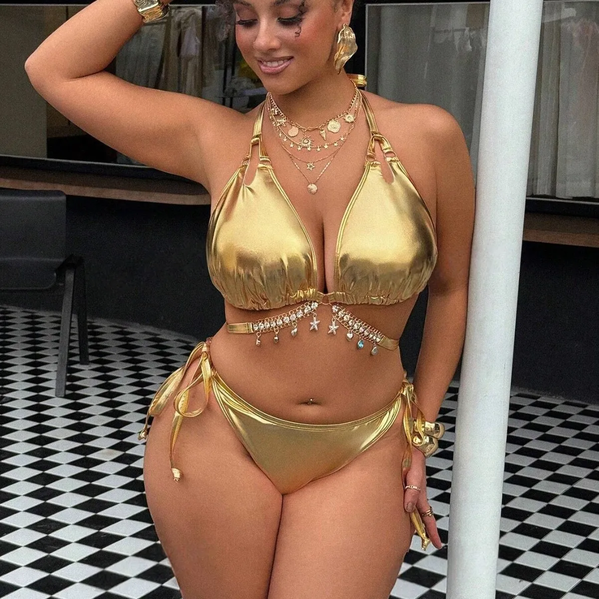 Gold Big Bikini Push Up Women Swimsuit High Waist Plus Size Swimwear Split Bathing Suit Biquine Brasileiro Micro Bikini Set view 3