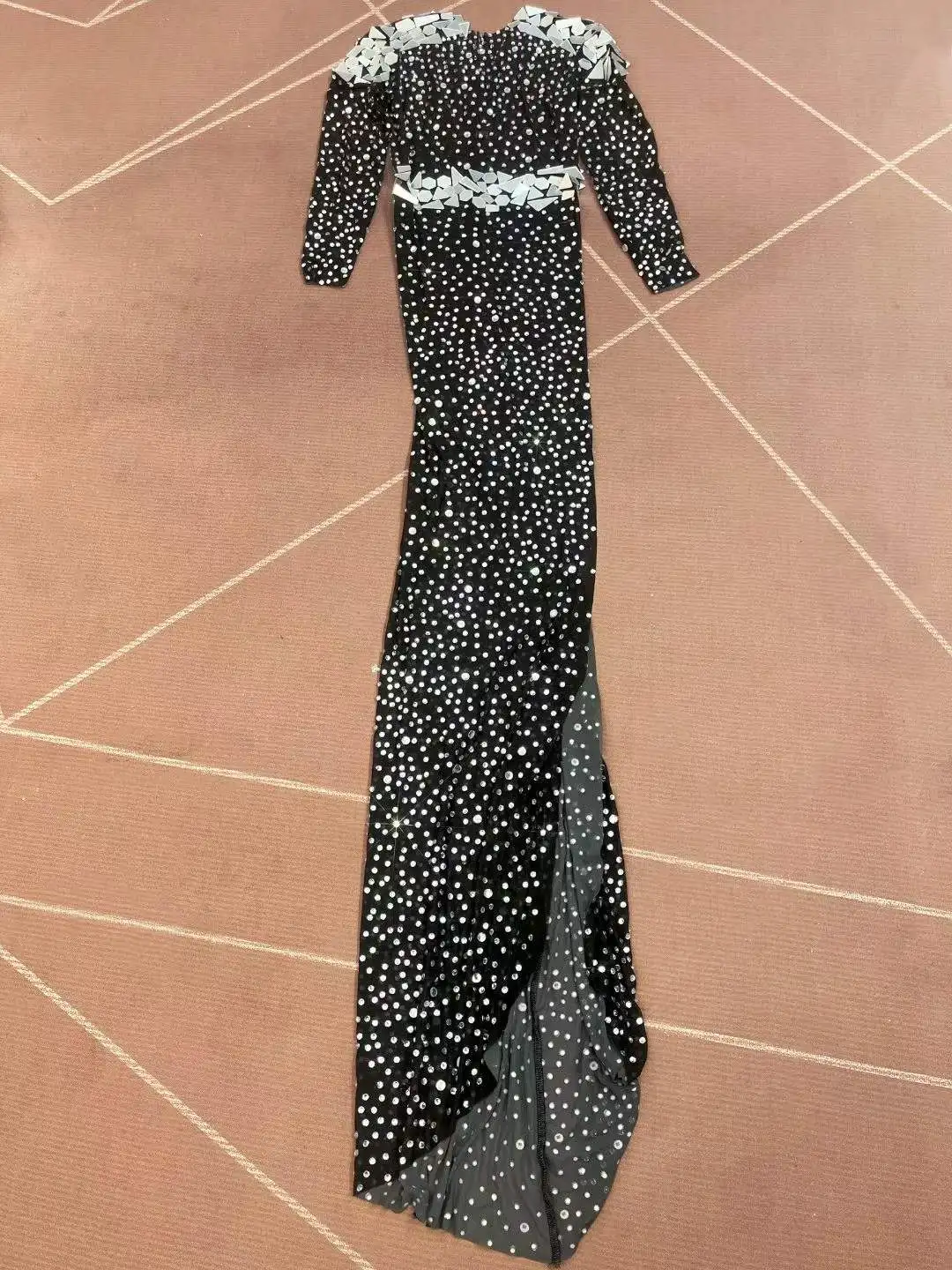 Sexy Transparent Black Mesh Shining Mirrors Rhinestones Trim fit Dress Women Party Evening Gown Red carpet Show Stage Wear view 3