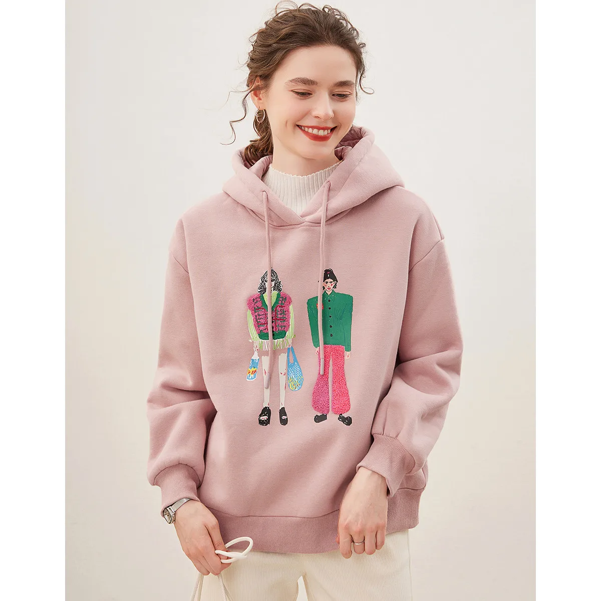 LOUIS YAO 2024 Winter Collection with Velvet Thickened Hoodie Women's Hoodie Cartoon Character Pattern Long Sleeve Top