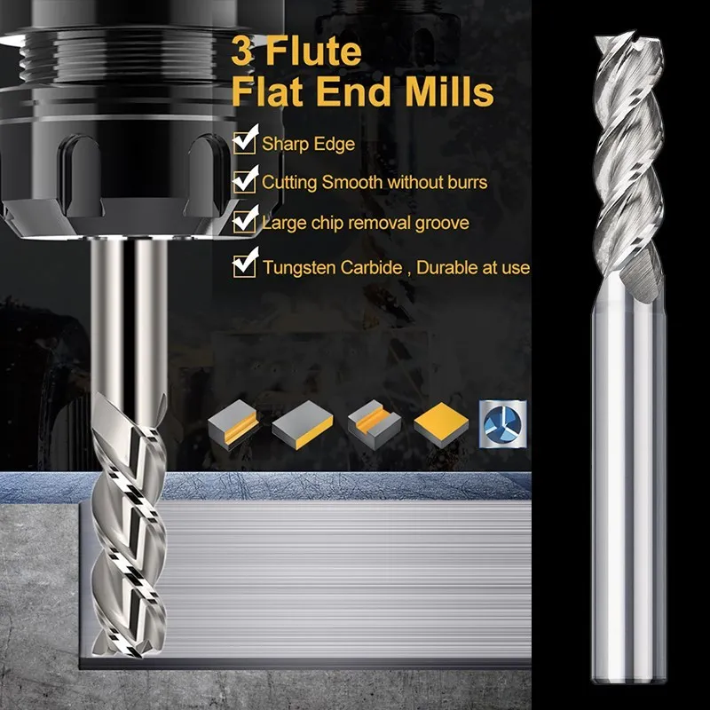 Milling Cutter 3 Flute Carbide End Mill for Aluminum Cutting 1/4 Inch Shank Spiral Router Bit for Metal CNC Milling Tools