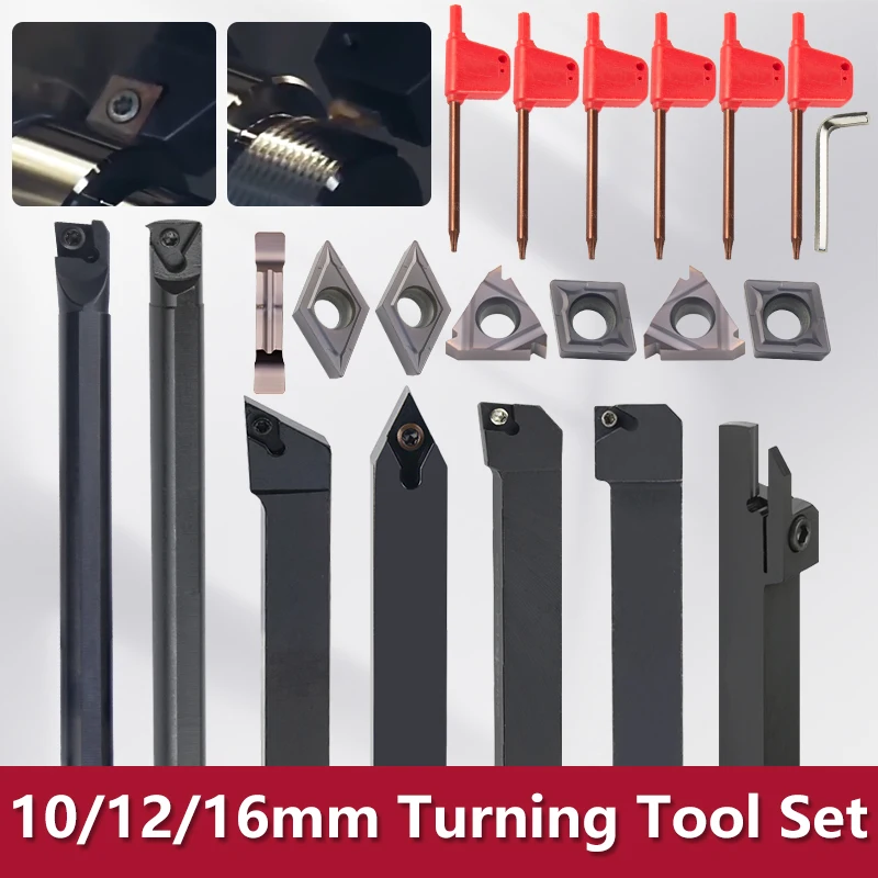 7Pcs 10MM 12MM 16MM CNC Lathe Turning Tool Holder Boring Bar Sets with Hard Alloyl Insert Wrench Kit for Turning Thread Grooving