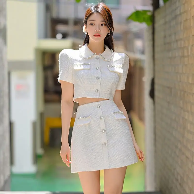 

Insozkdg Summer White Two Piece Set Women Trendy Slim Fitting Outfits Short Sleeve Cropped Top+Mini Skirt Small Fragrant Suits