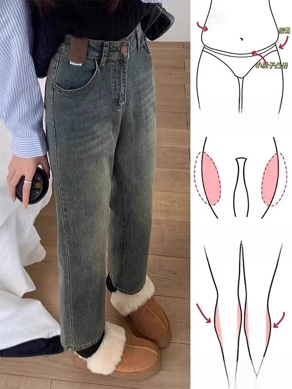 

Женские джинсы больших размеров с высокой талией, на флисовой подкладке, прямого кроя, весенне-летние, модные, укороченные, повседневные