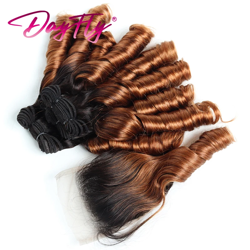 สั้นหลวม Wave 4 รวมกลุ่มกับการปิดบราซิลทอผ้าปิดผมมนุษย์ 4x4x1 ลูกไม้ Ombre Bouncy Curly Bundles