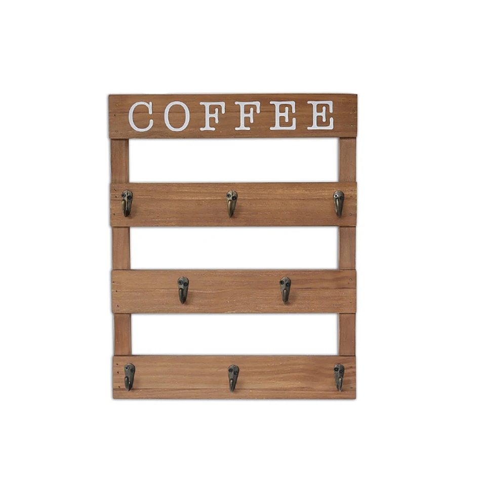 Rustic Wall Mounted Coffee Mug Rack, Cup Organizer, 8 Hooks, Real Pine Wood for Kitchen, Home, Bar