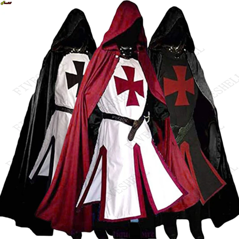 Mens Medieval Crusader Cavaleiros Templários Túnica Trajes Renascença Halloween Túnica Guerreiro Black Plague Manto Cosplay Top