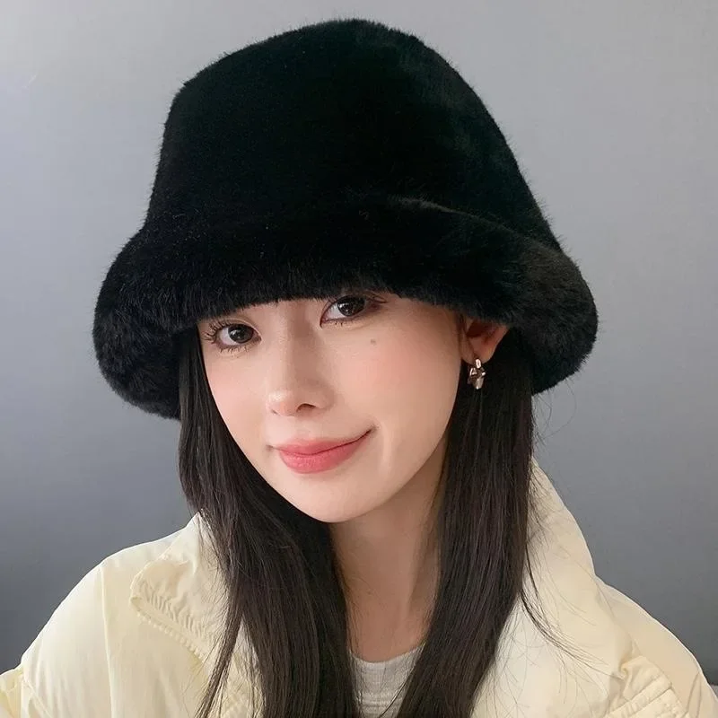 Soft Winter Plush Warm Bucket Hat for Women Girl Solid Color Fordable Wide Brim Panama Cap Outdoor Windproof Tour Basin Hats