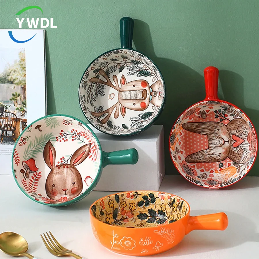 YWDL 500ml Round Ceramic Bakeware With Handle Forest Animals Baking Pan Underglaze Kitchen Tableware Salad Bowl Au Gratin Pasta