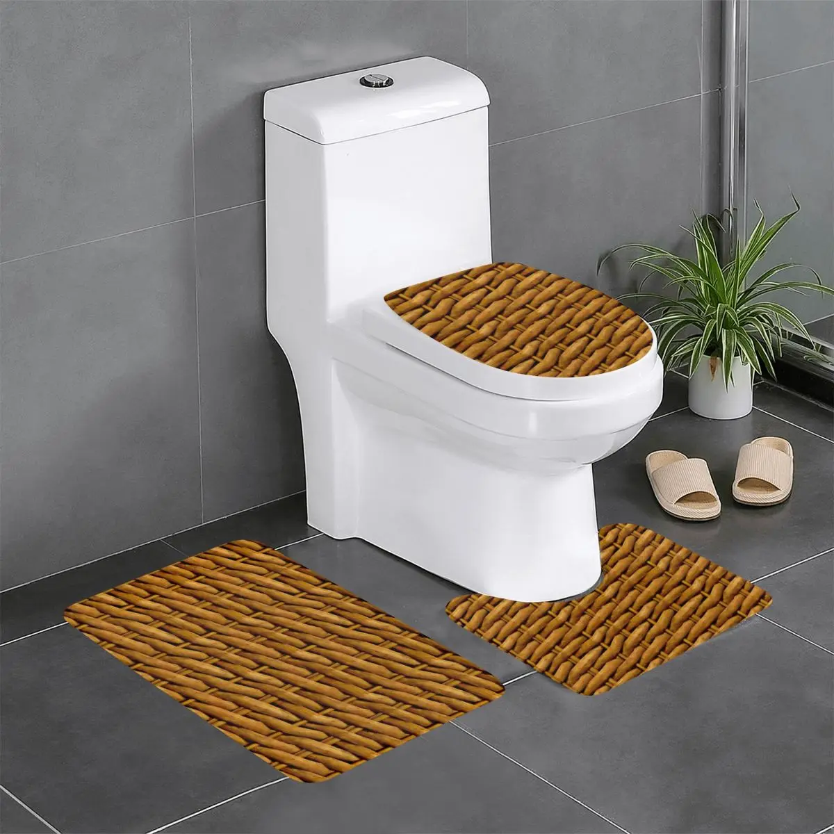 

Плетеный ротанговый деревянный плетеный коврик из 3 предметов для ванной комнаты, набор для ванной комнаты, крышка унитаза, домашний декор, нескользящий ковер, напольный ковер
