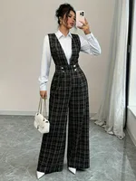 Women High Waist Wide Leg Plaid Tweed Jumpsuit Vest Style Double Breasted Pearl Buttons Pockets Elegant Office Formal Wear - Image 5