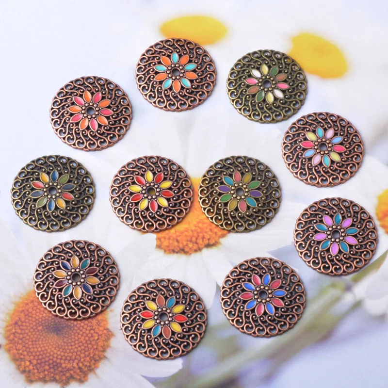 10 Stück/Set Zinklegierung Runde Anhänger Boho Öltropfen-Blumen-Anhänger DIY Damen-Schmuckzubehör – Detail 3