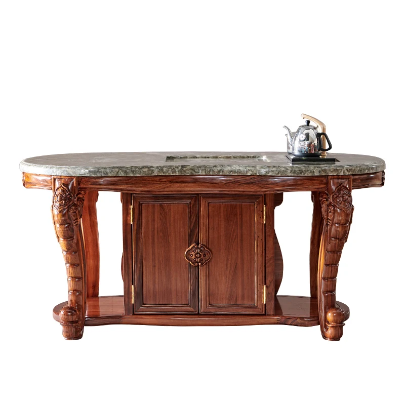 

Ebony Natural marble villa tea art table Zen solid wood Kung Fu tea table European elephant