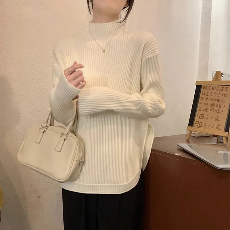 Fashion Half High Collar Solid Color Casual Sweaters Women Clothing 2024 Autumn Winter New Loose Korean Pullovers All-match Tops
