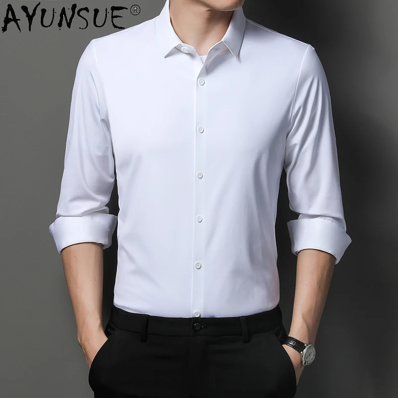 

AYUNSUE Top Mulberry Silk Shirt Men Clothing 22 Spring Autumn New Male Social Shirt Non-iron Luxury Long Sleeve Casual Coat