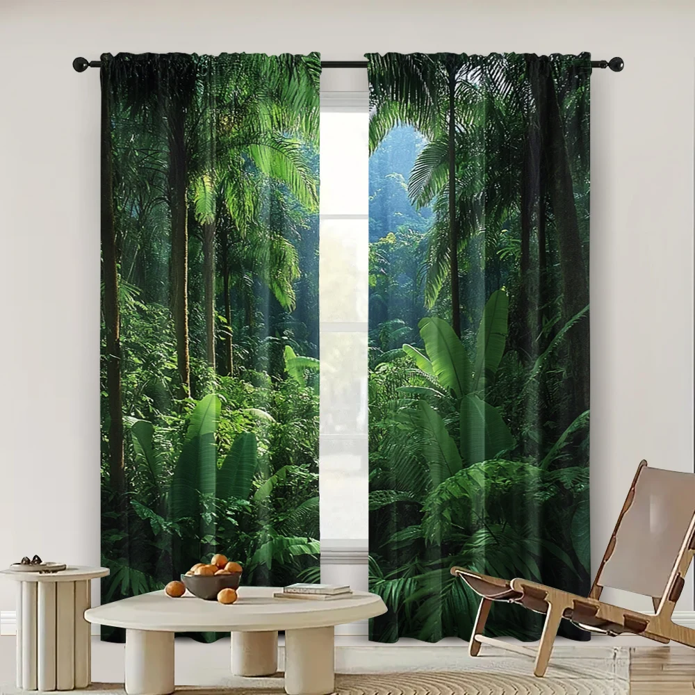 2pc,  Curtains Mystery Rainforest Jungle Forest Trees Nature Scenery 100% Polyester,Without Electricity Birthday Party Perfect