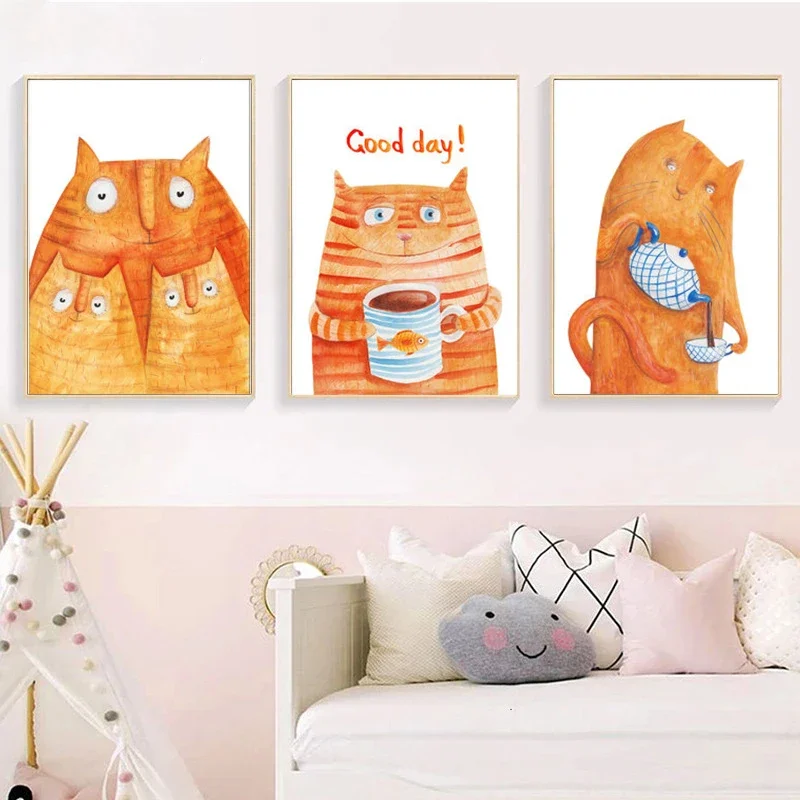 Scandinavian Style Fresh Decorative Paintings Cat Cartoon Animal Canvas Painting Posters Prints Bedroom Child Room Wall Decor