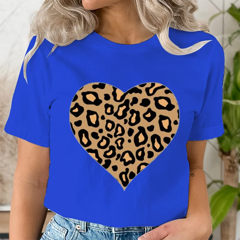 Vintage Leopard Print Heart Pattern Women T Shirts Casual Fashion Love Graphics Shirt Korean Ulzzang Short Sleeve T Shirt Femme