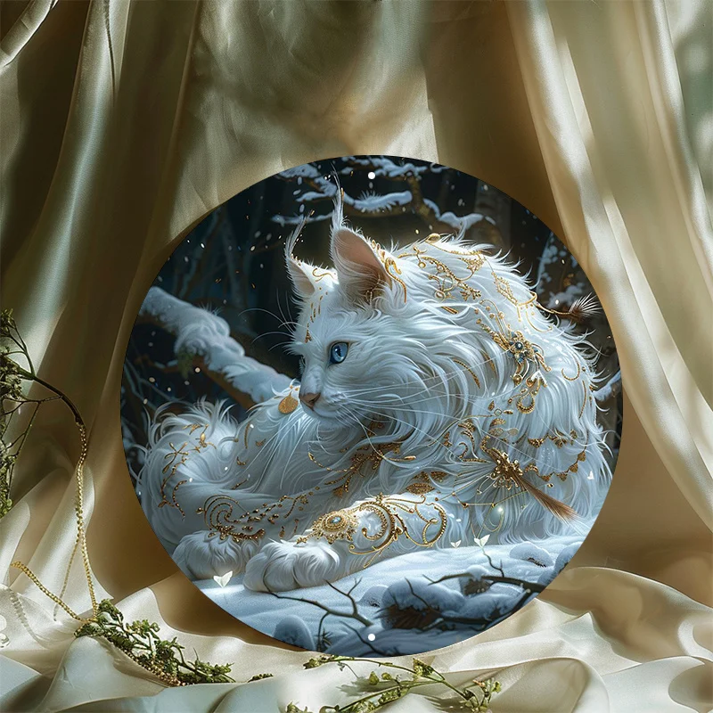 White Cat with Golden Patterns Metal Wall Art, Waterproof Aluminum Door Hanger, Durable, Weather Resistant Decor, 8in, 11.8in